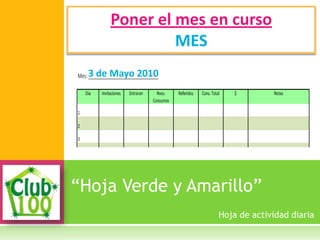 “Hoja Verde y Amarillo”
Poner el mes en curso
MES
Hoja de actividad diaria
3 de Mayo 2010
 