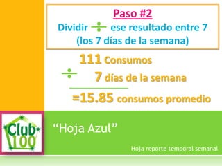 “Hoja Azul”
Paso #2
Dividir ese resultado entre 7
(los 7 días de la semana)
Hoja reporte temporal semanal
111 Consumos
7 días de la semana
=15.85 consumos promedio
 