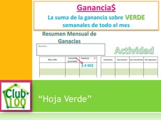 “Hoja Verde”
Ganancia$
La suma de la ganancia sobre VERDE
semanales de todo el mes
$ 4 992
 