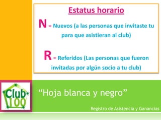 “Hoja blanca y negro”
Estatus horario
N= Nuevos (a las personas que invitaste tu
para que asistieran al club)
R= Referidos (Las personas que fueron
invitadas por algún socio a tu club)
Registro de Asistencia y Ganancias
 