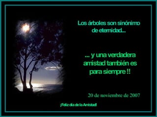 Los árboles son sinónimo de eternidad... ... y una verdadera amistad también es para siempre !! ¡Felíz día de la Amistad! 28 de mayo de 2009   