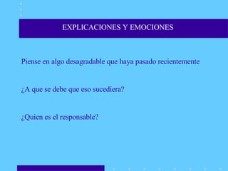 EXPLICACIONES Y EMOCIONES Piense en algo desagradable que haya pasado recientemente ¿A que se debe que eso sucediera? ¿Quien es el responsable? 