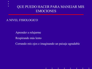 QUE PUEDO HACER PARA MANEJAR MIS EMOCIONES A NIVEL FISIOLOGICO Aprender a relajarme Respirando más lento Cerrando mis ojos e imaginando un paisaje agradable 