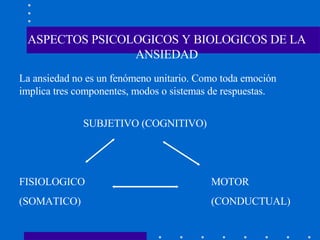 ASPECTOS PSICOLOGICOS Y BIOLOGICOS DE LA ANSIEDAD La ansiedad no es un fenómeno unitario. Como toda emoción implica tres componentes, modos o sistemas de respuestas. SUBJETIVO (COGNITIVO) FISIOLOGICO  MOTOR  (SOMATICO) (CONDUCTUAL) 