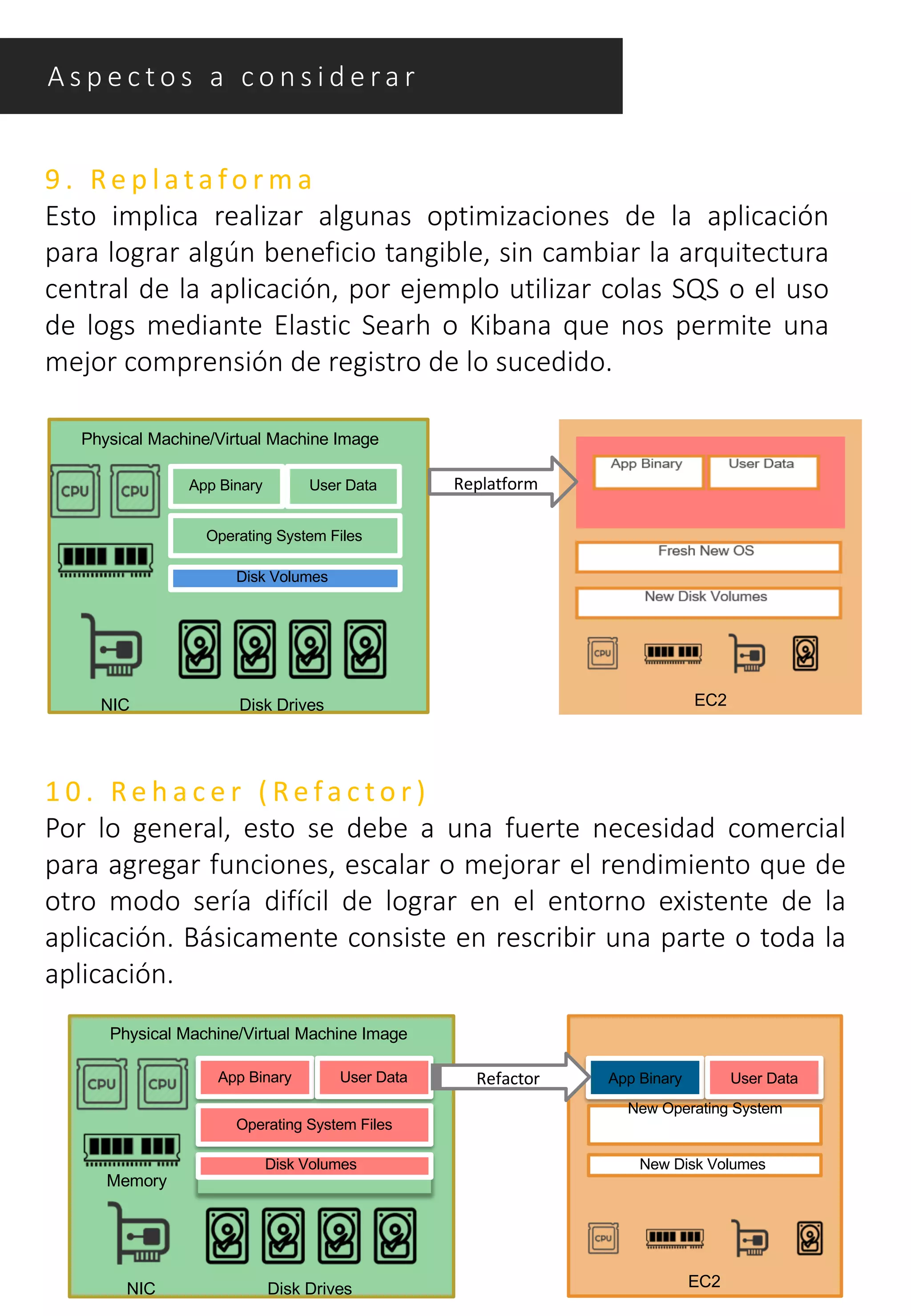 9 . Re p l a t a fo r m a
Esto implica realizar algunas optimizaciones de la aplicación
para lograr algún beneficio tangible, sin cambiar la arquitectura
central de la aplicación, por ejemplo utilizar colas SQS o el uso
de logs mediante Elastic Searh o Kibana que nos permite una
mejor comprensión de registro de lo sucedido.
Physical Machine/Virtual Machine Image
App Binary
Operating System Files
Disk Volumes
Disk DrivesNIC
User Data
EC2
Replatform
1 0 . Re h a c e r ( Re fa c t o r )
Por lo general, esto se debe a una fuerte necesidad comercial
para agregar funciones, escalar o mejorar el rendimiento que de
otro modo sería difícil de lograr en el entorno existente de la
aplicación. Básicamente consiste en rescribir una parte o toda la
aplicación.
Physical Machine/Virtual Machine Image
App Binary User Data
Operating System Files
Disk Volumes
Disk Drives
Memory
NIC EC2
New Disk Volumes
App Binary User Data
New Operating System
Refactor
A s p e c t o s a c o n s i d e ra r
 