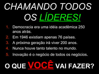 Democracia era uma idéia acadêmica 250 anos atrás.  Em 1946 existiam apenas 76 países.  A próxima geração irá viver 200 anos.  Nunca houve tanto talento no mundo.  Inovação é o negócio de todos os negócios .  CHAMANDO TODOS OS  LÍDERES! O QUE  VOCÊ  VAI FAZER? 