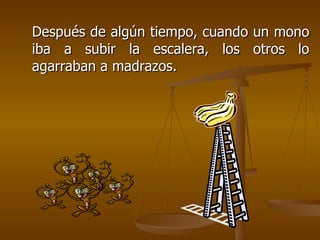 Después de algún tiempo, cuando un mono iba a subir la escalera, los otros lo agarraban a madrazos. 
