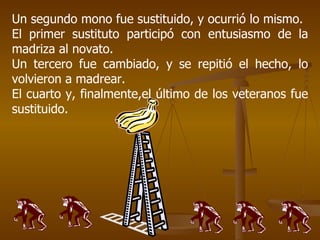 Un segundo mono fue sustituido, y ocurrió lo mismo. El primer sustituto participó con entusiasmo de la madriza al novato. Un tercero fue cambiado, y se repitió el hecho, lo volvieron a madrear. El cuarto y, finalmente,el último de los veteranos fue sustituido. 