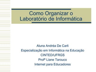 Como Organizar o
Laboratório de Informática



           Aluna Andréa De Carli
Especialização em Informática na Educação
              CINTED/UFRGS
            Profª Liane Tarouco
         Internet para Educadores