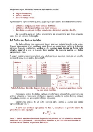 Em primeiro lugar, descreva o material e equipamento utilizado:

       Régua milimetrada;
       Balança analítica;
       Bloco metálico cúbico.

Agora descreva o procedimento que seu grupo seguiu para obter a densidade analiticamente:

       Utilizamos a régua para medir a aresta do bloco;
       Utilizamos a balança analítica para medir a massa;
       Com base nos valores obtidos, calculamos a densidade usando a Eq. (2).

        Se necessário, para um melhor entendimento do procedimento pelo leitor, organize
estes itens em subitens desta seção.

2.6. Análise dos Dados e Medições

      Os dados obtidos nos experimento devem aparecer obrigatoriamente nesta seção.
Quando esses dados forem repetitivos, estes devem ser apresentados na forma de tabelas
contendo legendas explicativas. Lembre-se de construir suas tabelas da forma mais
simples possível e que a legenda deve explicar de maneira sucinta os dados
apresentados nela.

A seguir, mostraremos um exemplo de uma tabela contendo o período médio de um pêndulo
simples [6] e seu desvio padrão da média [7]:

       Medidas
          1           1,186            -0,1492                    2,2226×10-2
          2           1,211            -0,1242                    1,5426×10-2
          3           1,917             0,5818                    0,3385×10-2
          4           1,173            -0,1622                    2,6309×10-2
          5           1,189            -0,1462                    2,1374×10-2




 Tabela 1: Cálculo da média do período de um pêndulo e seu desvio padrão da média
                                   para cinco medidas.

       Ao realizar a análise dos dados, explique em detalhes os cálculos feitos, assim como os
gráficos utilizados se nescessario e indique as equações usadas na análise. Sempre coloque
as unidades corretas nas grandezas medidas e calculadas.

      Mostraremos através de um outro exemplo como realizar a análise dos dados
apresentados da Tab. 1:

      A partir das medidas agrupadas na Tab. 1, calculou-se o período médio do
pêndulo dado pela equação:




onde são as medidas individuais do período do pêndulo e n é o número de medidas
realizadas no experimento. O desvio padrão da média σm foi calculado somando-se os
quadrados dos desvios e aplicando a fórmula:
 