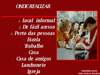 ONDE REALIZAR Local  informal De fácil acesso Perto das pessoas Escola Trabalho Casa Casa de amigos Lanchonete Igreja 