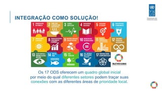 INTEGRAÇÃO COMO SOLUÇÃO!
Os 17 ODS oferecem um quadro global inicial
por meio do qual diferentes setores podem traçar suas
conexões com as diferentes áreas de prioridade local.
 