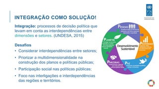 INTEGRAÇÃO COMO SOLUÇÃO!
Integração: processos de decisão política que
levam em conta as interdependências entre
dimensões e setores. (UNDESA, 2015)
Desafios
• Considerar interdependências entre setores;
• Priorizar a multidimensionalidade na
construção dos planos e políticas públicas;
• Participação social nas políticas públicas;
• Foco nas interligações e interdependências
das regiões e territórios.
 