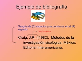 Ejemplo de bibliografía Sangría de (3) espacios y se comienza en el (4) espacio Craig, J.R.  (1982).  Métodos de la  investigación sicológica.  México:  Editorial Interamericana.  Dos(2) espacios 