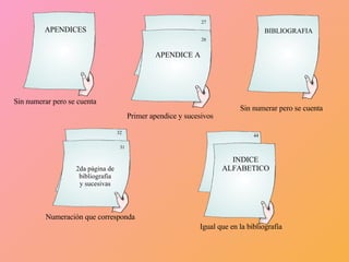 APENDICES APENDICE A 26 27 Sin numerar pero se cuenta Primer apendice y sucesivos BIBLIOGRAFIA Sin numerar pero se cuenta 31 32 2da página de bibliografía  y sucesivas INDICE ALFABETICO 44 Igual que en la bibliografía Numeración que corresponda 