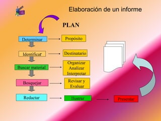Determinar 
Elaboración de un informe 
PLAN 
Propósito 
Identificar Destinatario 
Buscar material 
Organizar 
Analizar 
Interpretar 
Bosquejar Revisar y 
Evaluar 
Redactar Ilustrar Presentar 
 