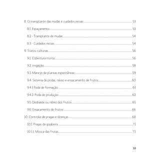 10
8. O transplante das mudas e cuidados iniciais .......................................................................................... 53
8.1. Espaçamento.......................................................................................................................................................... 53
8.2 - Transplante de mudas.................................................................................................................................54
8.3 - Cuidados iniciais.................................................................................................................................................54
9. Tratos culturais............................................................................................................................................................56
9.1. Cobertura morta................................................................................................................................................56
9.2. Irrigação....................................................................................................................................................................58
9.3. Manejo de plantas espontâneas...........................................................................................................59
9.4. Sistema de podas, raleio e ensacamento de frutos..............................................................60
9.4.1 Poda de formação..........................................................................................................................................61
9.4.2. Poda de produção.........................................................................................................................................62
9.5. Desbaste ou raleio dos frutos ................................................................................................................65
9.6. Ensacamento de frutos............................................................................................................................... 66
10. Controle de pragas e doenças..................................................................................................................... 68
10.1. Pragas da goiabeira...........................................................................................................................................71
10.1.1. Mosca-das-frutas.........................................................................................................................................73
 
