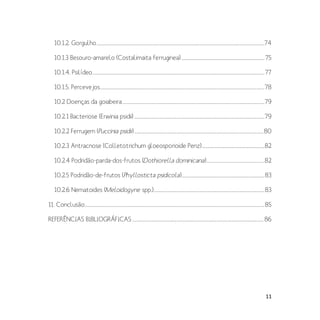 11
10.1.2. Gorgulho............................................................................................................................................................74
10.1.3 Besouro-amarelo (Costalimaita ferruginea) .............................................................................75
10.1.4. Psilídeo................................................................................................................................................................77
10.1.5. Percevejos.........................................................................................................................................................78
10.2 Doenças da goiabeira....................................................................................................................................79
10.2.1 Bacteriose (Erwinia psidii) .........................................................................................................................79
10.2.2 Ferrugem (Puccinia psidii)........................................................................................................................80
10.2.3 Antracnose (Colletotrichum gloeosporioide Penz)..........................................................82
10.2.4 Podridão-parda-dos-frutos (Dothiorella dominicana)......................................................82
10.2.5 Podridão-de-frutos (Phyllosticta psidicola).............................................................................83
10.2.6 Nematoides (Meloidogyne spp.).......................................................................................................83
11. Conclusão.......................................................................................................................................................................85
REFERÊNCIAS BIBLIOGRÁFICAS .......................................................................................................................... 86
 
