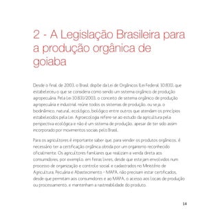 14
2 - A Legislação Brasileira para
a produção orgânica de
goiaba
Desde o final de 2003, o Brasil dispõe da Lei de Orgânicos (Lei Federal 10.831), que
estabeleceu o que se considera como sendo um sistema orgânico de produção
agropecuária. Pela Lei 10.831/2003, o conceito de sistema orgânico de produção
agropecuária e industrial reúne todos os sistemas de produção, ou seja, o
biodinâmico, natural, ecológico, biológico entre outros que atendam os princípios
estabelecidos pela Lei. Agroecologia refere-se ao estudo da agricultura pela
perspectiva ecológica e não é um sistema de produção, apesar de ter sido assim
incorporado por movimentos sociais pelo Brasil.
Para os agricultores é importante saber que, para vender os produtos orgânicos, é
necessário ter a certificação orgânica obtida por um organismo reconhecido
oficialmente. Os agricultores familiares que realizam a venda direta aos
consumidores, por exemplo, em feiras livres, desde que estejam envolvidos num
processo de organização e controle social e cadastrados no Ministério de
Agricultura, Pecuária e Abastecimento – MAPA, não precisam estar certificados,
desde que permitam aos consumidores e ao MAPA, o acesso aos locais de produção
ou processamento, e mantenham a rastreabilidade do produto.
 