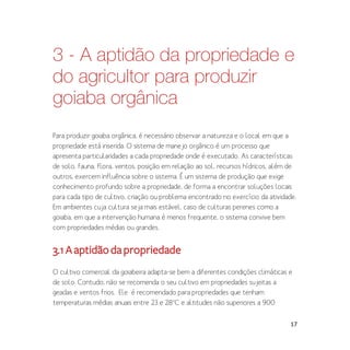 17
3 - A aptidão da propriedade e
do agricultor para produzir
goiaba orgânica
Para produzir goiaba orgânica, é necessário observar a natureza e o local em que a
propriedade está inserida. O sistema de manejo orgânico é um processo que
apresenta particularidades a cada propriedade onde é executado. As características
de solo, fauna, flora, ventos, posição em relação ao sol, recursos hídricos, além de
outros, exercem influência sobre o sistema. É um sistema de produção que exige
conhecimento profundo sobre a propriedade, de forma a encontrar soluções locais
para cada tipo de cultivo, criação ou problema encontrado no exercício da atividade.
Em ambientes cuja cultura seja mais estável, caso de culturas perenes como a
goiaba, em que a intervenção humana é menos frequente, o sistema convive bem
com propriedades médias ou grandes.
3.1Aaptidãodapropriedade
O cultivo comercial da goiabeira adapta-se bem a diferentes condições climáticas e
de solo. Contudo, não se recomenda o seu cultivo em propriedades sujeitas a
geadas e ventos frios. Ele é recomendado para propriedades que tenham
temperaturas médias anuais entre 23 e 28o
C e altitudes não superiores a 900
 