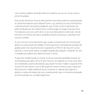 28
como veremos adiante, devendo então ser evitado o seu uso em cercas vivas no
pomar de goiabas.
Essa função de barreira física ao deslocamento dos insetos pode ser potencializada
se utilizarmos espécies que produzam flores, cuja presença na cerca viva favorece
o desenvolvimento de insetos predadores, que na fase jovem se alimentam do
pólen produzido por elas. Dessa forma, o inseto-praga, ao chegar à barreira física
formada pela cerca viva, além de ter o seu livre deslocamento obstruído, terá de
enfrentar um exército de insetos predadores (ácaros, percevejos, joaninhas entre
outros) e aranhas.
A cerca viva tem outra importante ação: ajudar na manutenção do microclima da
gleba e na manutenção da umidade. O vento que entra numa gleba de produção de
goiabas pode levar anualmente até o equivalente a 750 mm de chuva. Em outras
palavras, o vento pode reduzir a umidade da gleba de produção, “roubando” do solo
a umidade que poderia estar disponível para o cultivo.
O agricultor também pode, ao formar as cercas vivas da propriedade, planejar ter
uma poupança para dali a 10 ou 15 anos. Para isso, ao organizar as cercas vivas, deve
ser considerado o plantio de espécies que possam fornecer madeira, seja para lenha
ou para fins mais nobres, como a fabricação de móveis. Lembre-se que o agricultor
deve procurar o órgão ambiental de seu município ou regional para registrar o
plantio e o plano de manejo da cerca, visando permitir que, no momento planejado,
as árvores possam ser cortadas legalmente.
 