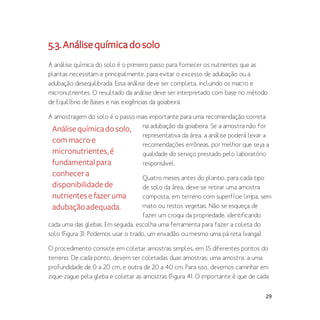 29
5.3.Análisequímicadosolo
A análise química do solo é o primeiro passo para fornecer os nutrientes que as
plantas necessitam e principalmente, para evitar o excesso de adubação ou a
adubação desequilibrada. Essa análise deve ser completa, incluindo os macro e
micronutrientes. O resultado da análise deve ser interpretado com base no método
de Equilíbrio de Bases e nas exigências da goiabeira.
A amostragem do solo é o passo mais importante para uma recomendação correta
na adubação da goiabeira. Se a amostra não for
representativa da área, a análise poderá levar a
recomendações errôneas, por melhor que seja a
qualidade do serviço prestado pelo laboratório
responsável.
Quatro meses antes do plantio, para cada tipo
de solo da área, deve-se retirar uma amostra
composta, em terreno com superfície limpa, sem
mato ou restos vegetais. Não se esqueça de
fazer um croqui da propriedade, identificando
cada uma das glebas. Em seguida, escolha uma ferramenta para fazer a coleta do
solo (Figura 3). Podemos usar o trado, um enxadão ou mesmo uma pá reta (vanga).
O procedimento consiste em coletar amostras simples, em 15 diferentes pontos do
terreno. De cada ponto, devem ser coletadas duas amostras: uma amostra, a uma
profundidade de 0 a 20 cm, e outra de 20 a 40 cm. Para isso, devemos caminhar em
zique-zague pela gleba e coletar as amostras (Figura 4). O importante é que de cada
Análisequímicadosolo,
commacroe
micronutrientes,é
fundamentalpara
conhecera
disponibilidadede
nutrientesefazeruma
adubaçãoadequada.
 