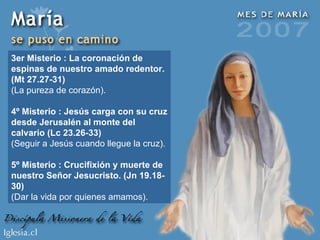 3er Misterio : La coronación de espinas de nuestro amado redentor. (Mt 27.27-31) (La pureza de corazón). 4º Misterio : Jesús carga con su cruz desde Jerusalén al monte del calvario (Lc 23.26-33) (Seguir a Jesús cuando llegue la cruz). 5º Misterio : Crucifixión y muerte de nuestro Señor Jesucristo. (Jn 19.18-30) (Dar la vida por quienes amamos). 