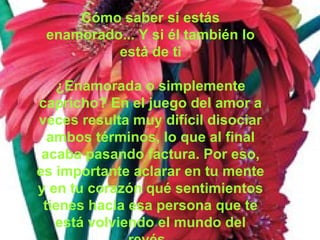 Cómo saber si estás
enamorado... Y si él también lo
está de ti
¿Enamorada o simplemente
capricho? En el juego del amor a
veces resulta muy difícil disociar
ambos términos, lo que al final
acaba pasando factura. Por eso,
es importante aclarar en tu mente
y en tu corazón qué sentimientos
tienes hacia esa persona que te
está volviendo el mundo del
 