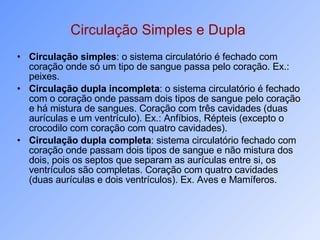 Circulação Simples e Dupla  Circulação simples : o sistema circulatório é fechado com coração onde só um tipo de sangue passa pelo coração. Ex.: peixes.  Circulação dupla incompleta : o sistema circulatório é fechado com o coração onde passam dois tipos de sangue pelo coração e há mistura de sangues. Coração com três cavidades (duas aurículas e um ventrículo). Ex.: Anfíbios, Répteis (excepto o crocodilo com coração com quatro cavidades). Circulação dupla completa : sistema circulatório fechado com coração onde passam dois tipos de sangue e não mistura dos dois, pois os septos que separam as aurículas entre si, os ventrículos são completas. Coração com quatro cavidades (duas aurículas e dois ventrículos). Ex. Aves e Mamíferos. 