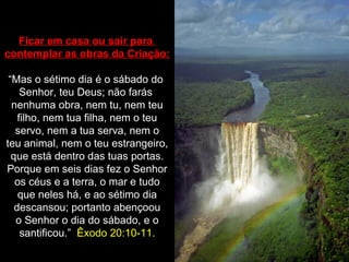 Ficar em casa ou sair para
contemplar as obras da Criação:
“Mas o sétimo dia é o sábado do
Senhor, teu Deus; não farás
nenhuma obra, nem tu, nem teu
filho, nem tua filha, nem o teu
servo, nem a tua serva, nem o
teu animal, nem o teu estrangeiro,
que está dentro das tuas portas.
Porque em seis dias fez o Senhor
os céus e a terra, o mar e tudo
que neles há, e ao sétimo dia
descansou; portanto abençoou
o Senhor o dia do sábado, e o
santificou.” Êxodo 20:10-11.
 