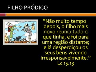 FILHO PRÓDIGO

            "Não muito tempo
            depois, o filho mais
            novo reuniu tudo o
           que tinha, e foi para
           uma região distante;
            e lá desperdiçou os
             seus bens vivendo
          irresponsavelmente.”
                   Lc 15.13
 
