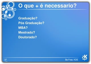 37
/46
Be Free. KDE
O que + é necessario?
Graduação?
Pós Graduação?
MBA?
Mestrado?
Doutorado?
 