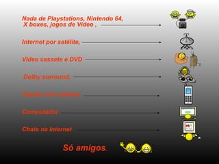 Nada de Playstations, Nintendo 64, X boxes, jogos de Vídeo ,  Internet por satélite,  Video cassete e DVD Dolby surround,  Celular com câmera  Computador  Chats na Internet  Só amigos .   