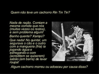 Nada de ração. Comiam a mesma comida que nós (muitas vezes os restos), e sem problema algum! Banho quente? Xampú? Que nada! No quintal, um segurava o cão e o outro com a mangueira (fria) ia jogando água e esfregando-o com (acreditem se quiserem) sabão (em barra) de lavar roupa! Algum cachorro morreu ou adoeceu por causa disso? Quem não teve um cachorro Rin Tin Tin? 