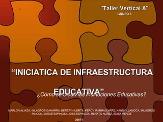 ” &quot;Taller Vertical A&quot; ¿Cómo se crean las Instituciones Educativas? ” “ INICIATICA DE INFRAESTRUCTURA   EDUCATIVA” GRUPO 5 MARLON ALIAGA, MILAGROS GAMARRA, BERETY HUERTA, PERCY IPARRAGUIRRE, KANDY LLAMOCA, MILAGROS RINCON, JORGE ESPINOZA, JOSE ESPINOZA, RENATO NUÑEZ, EDISA VERDE 2007-I 