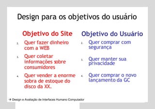Design para os objetivos do usuário Objetivo do Site Quer fazer dinheiro com a WEB Quer coletar informações sobre consumidores Quer vender a enorme sobra de estoque do disco da XX. Objetivo do Usuário Quer comprar com segurança Quer manter sua privacidade Quer comprar o novo lançamento da GC    Design e Avaliação de Interfaces Humano Computador 