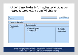 A combinação das informações levantadas por esses autores levam a um Wireframe: Livro: Design para a Internet – Projetando a Experiência Perfeita –  Autor Felipe Memória (   http://www.fmemoria.com.br ) Marca Navegação global Navegação  local Breadcrumbs Conteúdo global e contextual Conteúdo  relacionado buscar 