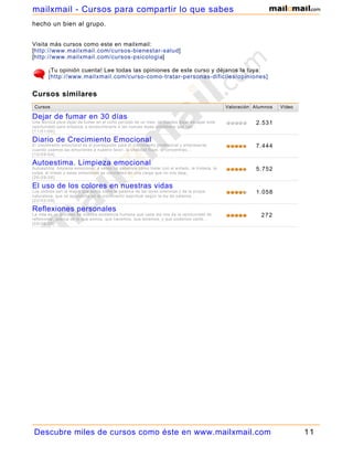 mailxmail - Cursos para compartir lo que sabes
hecho un bien al grupo.


Visita más cursos como este en mailxmail:
[http://www.mailxmail.com/cursos-bienestar-salud]
[http://www.mailxmail.com/cursos-psicologia]

        ¡Tu opinión cuenta! Lee todas las opiniones de este curso y déjanos la tuya:
        [http://www.mailxmail.com/curso-como-tratar-personas-dificiles/opiniones]


Cursos similares
 Cursos                                                                                         Valoración Alumnos   Vídeo

Dejar de fumar en 30 días
Una técnica para dejar de fumar en el corto período de un mes. no puedes dejar escapar esta                2.531
oportunidad para empezar a acostumbrarte a las nuevas leyes antitabaco que van...
[11/01/06]

Diario de Crecimiento Emocional
El crecimiento emocional es el prerequisito para el crecimiento profesional y empresarial.                 7.444
cuando usamos las emociones a nuestro favor, la vitalidad fluye, la concentraci...
[10/09/04]

Autoestima. Limpieza emocional
Autoestima. limpieza emocional, a veces no sabemos cómo tratar con el enfado, la tristeza, la              5.752
culpa, el miedo y estas emociones se convierten en una carga que no nos deja...
[26/09/08]

El uso de los colores en nuestras vidas
Los colores son la magia que actúa como la palanca de las leyes cósmicas y de la propia                    1.058
naturaleza, que se aprovecha en el crecimiento espiritual según la ley de palanca....
[22/02/08]

Reflexiones personales
La vida es un proceso de nuestra existencia humana que cada dia nos da la oportunidad de                     272
reflexionar, acerca de lo que somos, que hacemos, que tenemos, y que podemos camb...
[09/06/08]




 Descubre miles de cursos como éste en www.mailxmail.com                                                                     11
 