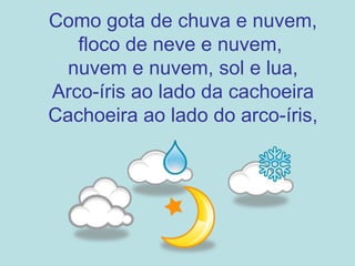 Como gota de chuva e nuvem, floco de neve e nuvem,  nuvem e nuvem, sol e lua, Arco-íris ao lado da cachoeira Cachoeira ao lado do arco-íris, 