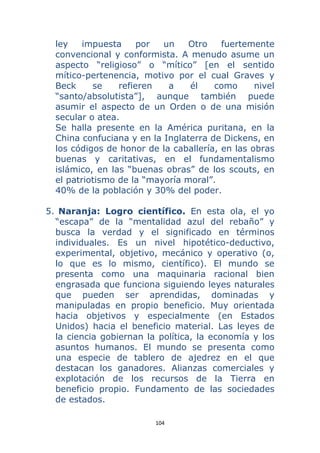 104 
 
ley impuesta por un Otro fuertemente
convencional y conformista. A menudo asume un
aspecto “religioso” o “mítico” [en el sentido
mítico-pertenencia, motivo por el cual Graves y
Beck se refieren a él como nivel
“santo/absolutista”], aunque también puede
asumir el aspecto de un Orden o de una misión
secular o atea.
Se halla presente en la América puritana, en la
China confuciana y en la Inglaterra de Dickens, en
los códigos de honor de la caballería, en las obras
buenas y caritativas, en el fundamentalismo
islámico, en las “buenas obras” de los scouts, en
el patriotismo de la “mayoría moral”.
40% de la población y 30% del poder.
5. Naranja: Logro científico. En esta ola, el yo
“escapa” de la “mentalidad azul del rebaño” y
busca la verdad y el significado en términos
individuales. Es un nivel hipotético-deductivo,
experimental, objetivo, mecánico y operativo (o,
lo que es lo mismo, científico). El mundo se
presenta como una maquinaria racional bien
engrasada que funciona siguiendo leyes naturales
que pueden ser aprendidas, dominadas y
manipuladas en propio beneficio. Muy orientada
hacia objetivos y especialmente (en Estados
Unidos) hacia el beneficio material. Las leyes de
la ciencia gobiernan la política, la economía y los
asuntos humanos. El mundo se presenta como
una especie de tablero de ajedrez en el que
destacan los ganadores. Alianzas comerciales y
explotación de los recursos de la Tierra en
beneficio propio. Fundamento de las sociedades
de estados.
 