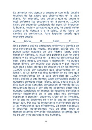 27 
 
Lo anterior nos ayuda a entender con más detalle
muchos de los casos que observamos en la vida
diaria. Por ejemplo, una persona que es pobre o
está enferma (se encuentra en la parte A, 10,000
ciclos por segundo conciencia del ego), sin importar
lo buena, noble y caritativa que sea, no puede tener
acceso a la riqueza o a la salud, si no logra un
cambio de conciencia. Para lograrlo tendría que
moverse desde:
A______hacia______B_______hacia______C_____
Una persona que se encuentra enferma y sumida en
una conciencia de miedo, ansiedad, estrés etc. no
puede sanar estando en ese mismo lugar, debe
hacer un cambio. Al igual una persona que no tiene
dinero y se encuentra en la misma conciencia del
ego, tiene miedo, ansiedad y depresión. No puede
hacer dinero por mucho que trabaje y por mucho
que pida a Dios, porque se encuentra en los mismos
10,000 ciclos por segundo que observamos en la
letra A. El Dr. Dyer nos dice también en su libro que
nos encontramos en la baja densidad de 10,000
ciclos debido a que hemos dado demasiado poder a
nuestros sentidos (ojos, oídos, tacto, olfato etc.), él
dice que éstos sentidos pertenecen al mundo de las
frecuencias bajas y por ello no podemos dejar toda
nuestra conciencia en manos de nuestros sentidos o
confiar totalmente en lo que ellos nos permiten
observar o percibir, debemos creer en lo invisible,
en lo que no podemos oír y en lo que no podemos
tocar aún. Por eso es importante mantenerse alerta
a las vibraciones que ofrecemos, ya sean negativas
o positivas, obtendremos más de ellas, todo el
tiempo estamos enviando vibraciones externas, que
no se ven y no percibe el ojo humano.
 