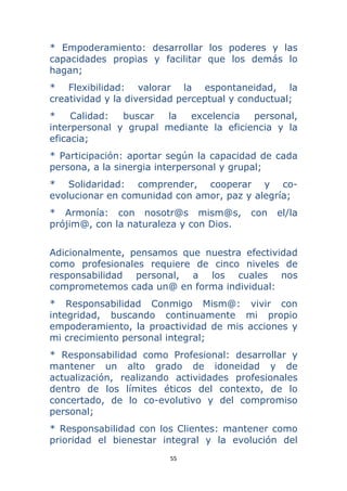 55 
 
* Empoderamiento: desarrollar los poderes y las
capacidades propias y facilitar que los demás lo
hagan;
* Flexibilidad: valorar la espontaneidad, la
creatividad y la diversidad perceptual y conductual;
* Calidad: buscar la excelencia personal,
interpersonal y grupal mediante la eficiencia y la
eficacia;
* Participación: aportar según la capacidad de cada
persona, a la sinergia interpersonal y grupal;
* Solidaridad: comprender, cooperar y co-
evolucionar en comunidad con amor, paz y alegría;
* Armonía: con nosotr@s mism@s, con el/la
prójim@, con la naturaleza y con Dios.
Adicionalmente, pensamos que nuestra efectividad
como profesionales requiere de cinco niveles de
responsabilidad personal, a los cuales nos
comprometemos cada un@ en forma individual:
* Responsabilidad Conmigo Mism@: vivir con
integridad, buscando continuamente mi propio
empoderamiento, la proactividad de mis acciones y
mi crecimiento personal integral;
* Responsabilidad como Profesional: desarrollar y
mantener un alto grado de idoneidad y de
actualización, realizando actividades profesionales
dentro de los límites éticos del contexto, de lo
concertado, de lo co-evolutivo y del compromiso
personal;
* Responsabilidad con los Clientes: mantener como
prioridad el bienestar integral y la evolución del
 