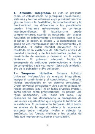 99 
 
1.- Amarillo: Integrador. La vida se presenta
como un caleidoscopio de jerarquías [holoarquías],
sistemas y formas naturales cuya prioridad principal
gira en tomo a la flexibilidad, la espontaneidad y la
funcionalidad. Las diferencias y las pluralidades
pueden integrarse naturalmente en corrientes
interdependientes. El igualitarismo puede
complementarse, cuando es necesario, con grados
naturales de ordenamiento y excelencia, con lo cual
el rango, el poder, el estado y la dependencia del
grupo se ven reemplazados por el conocimiento y la
idoneidad. El orden mundial prevalente es el
resultado de la existencia de diferentes niveles de
realidad (memes) y de las inexorables pautas del
movimiento de ascenso y descenso en la espiral
dinámica. El gobierno adecuado facilita la
emergencia de entidades pertenecientes a niveles
de complejidad cada vez mayor (jerarquía anidada).
1% de la población y 5% del poder.
2.- Turquesa: Holístico. Sistema holístico
Universal. Holones/olas de energías integrativas;
integra el sentimiento y el conocimiento; múltiples
niveles entrelazados en un sistema consciente.”
Orden universal consciente y vivo que no se basa en
reglas externas (azul) ni en lazos grupales (verde).
Tanto teórica como prácticamente, es posible una
“gran unificación”, una Teoría del Todo. Hay
ocasiones en que desencadena la emergencia de
una nueva espiritualidad que engloba la totalidad de
la existencia. El pensamiento turquesa utiliza todos
los niveles de la espiral, advierte la interacción
existente entre múltiples niveles y detecta los
armónicos, las fuerzas místicas y los estados de
flujo que impregnan cualquier organización.
 