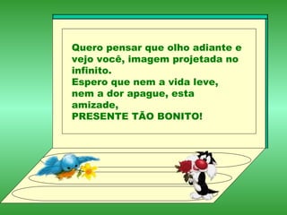 Quero pensar que olho adiante e vejo você, imagem projetada no infinito. Espero que nem a vida leve, nem a dor apague, esta amizade, PRESENTE TÃO BONITO! 