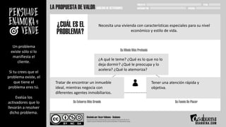 Un problema
existe sólo si lo
manifiesta el
cliente.
Si tu crees que el
problema existe, el
que tiene el
problema eres tú.
Evalúa los
activadores que lo
llevarán a resolver
dicho problema.
Necesita una vivienda con características especiales para su nivel
económico y estilo de vida.
¿A qué le teme? ¿Qué es lo que no lo
deja dormir? ¿Qué le preocupa y lo
acelera? ¿Qué lo atemoriza?
Tratar de encontrar un inmueble
ideal, mientras negocia con
diferentes agentes inmobiliarios.
Tener una atención rápida y
objetiva.
 