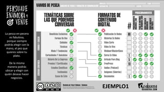 La pesca en pecera
es fabulosa,
porque siempre
podrás elegir con la
mano, el pez que
quieres sobre tu
plato.
De la misma
manera podrás
ubicar y elegir con
quién deseas hacer
negocios.
EJEMPLO1
 