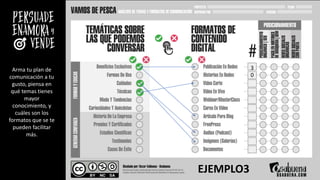 Arma tu plan de
comunicación a tu
gusto, piensa en
qué temas tienes
mayor
conocimiento, y
cuáles son los
formatos que se te
pueden facilitar
más.
EJEMPLO3
3
0
 