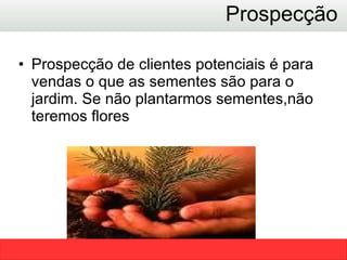 Prospecção  Prospecção de clientes potenciais é para vendas o que as sementes são para o jardim. Se não plantarmos sementes,não teremos flores  