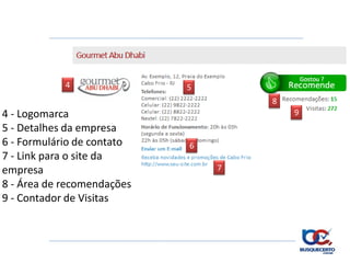 4               5
                                    8
4 - Logomarca                           9
5 - Detalhes da empresa
6 - Formulário de contato   6
7 - Link para o site da
empresa                         7
8 - Área de recomendações
9 - Contador de Visitas
 