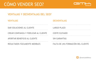 @xavicastellnou
DAR SOLUCIONES AL CLIENTE
CREAR CONFIANZA Y FIDELIZAR AL CLIENTE
APORTAR BENEFICIO AL CLIENTE
RESULTADOS FÁCILMENTE MEDIBLES
VENTAJAS Y DESVENTAJAS DEL SEO?
CÓMO VENDER SEO?
VENTAJAS DESVENTAJAS
LARGO PLAZO
COSTE ELEVADO
SIN GARANTÍAS
FALTA DE (IN) FORMACIÓN DEL CLIENTE
 